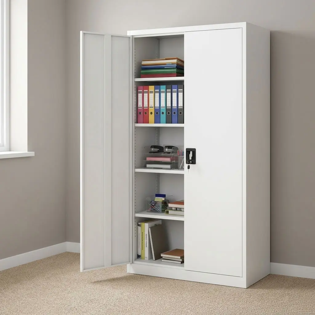 2-door steel office cabinet featuring a white powder-coated steel finish, two full-length swing doors concealing adjustable interior storage shelves, a central recessed black handle with an integrated key lock mechanism, and a floor-standing plinth base.