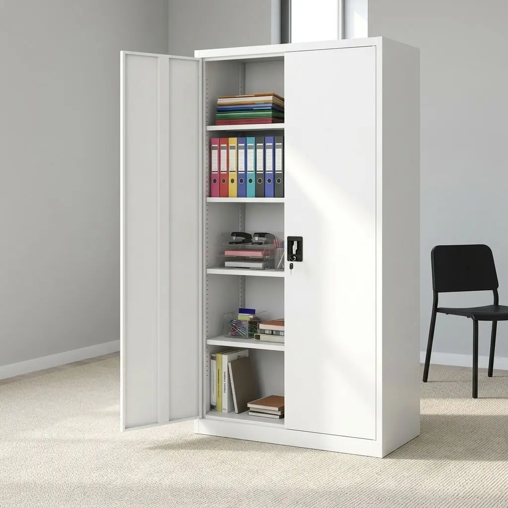 2-door steel office cabinet featuring a white powder-coated steel finish, two full-length swing doors concealing adjustable interior storage shelves, a central recessed black handle with an integrated key lock mechanism, and a floor-standing plinth base.