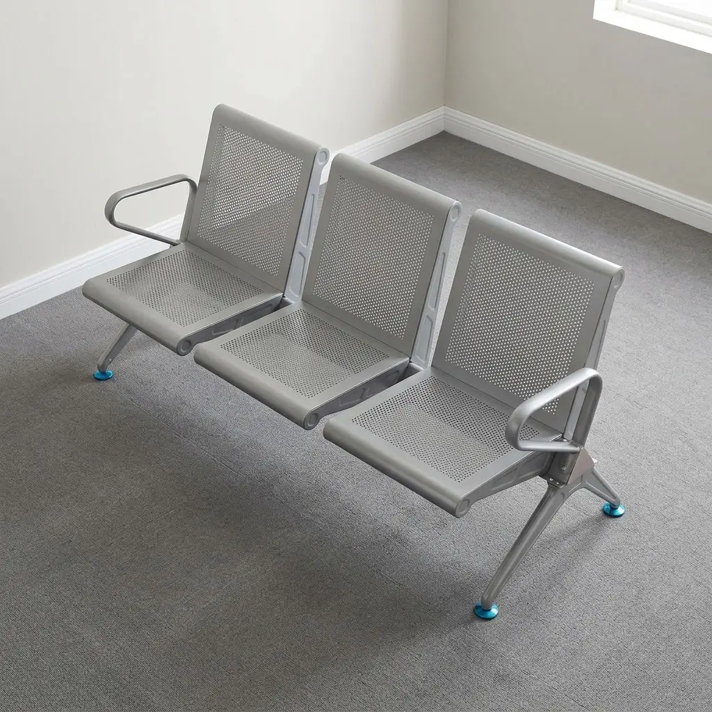 3 seater heavy duty waiting bench featuring three interconnected contoured seats with perforated silver-gray metal backrests and seat pans, outer side armrests, and a heavy-duty steel beam support structure with angled legs fitted with adjustable leveler floor glides.