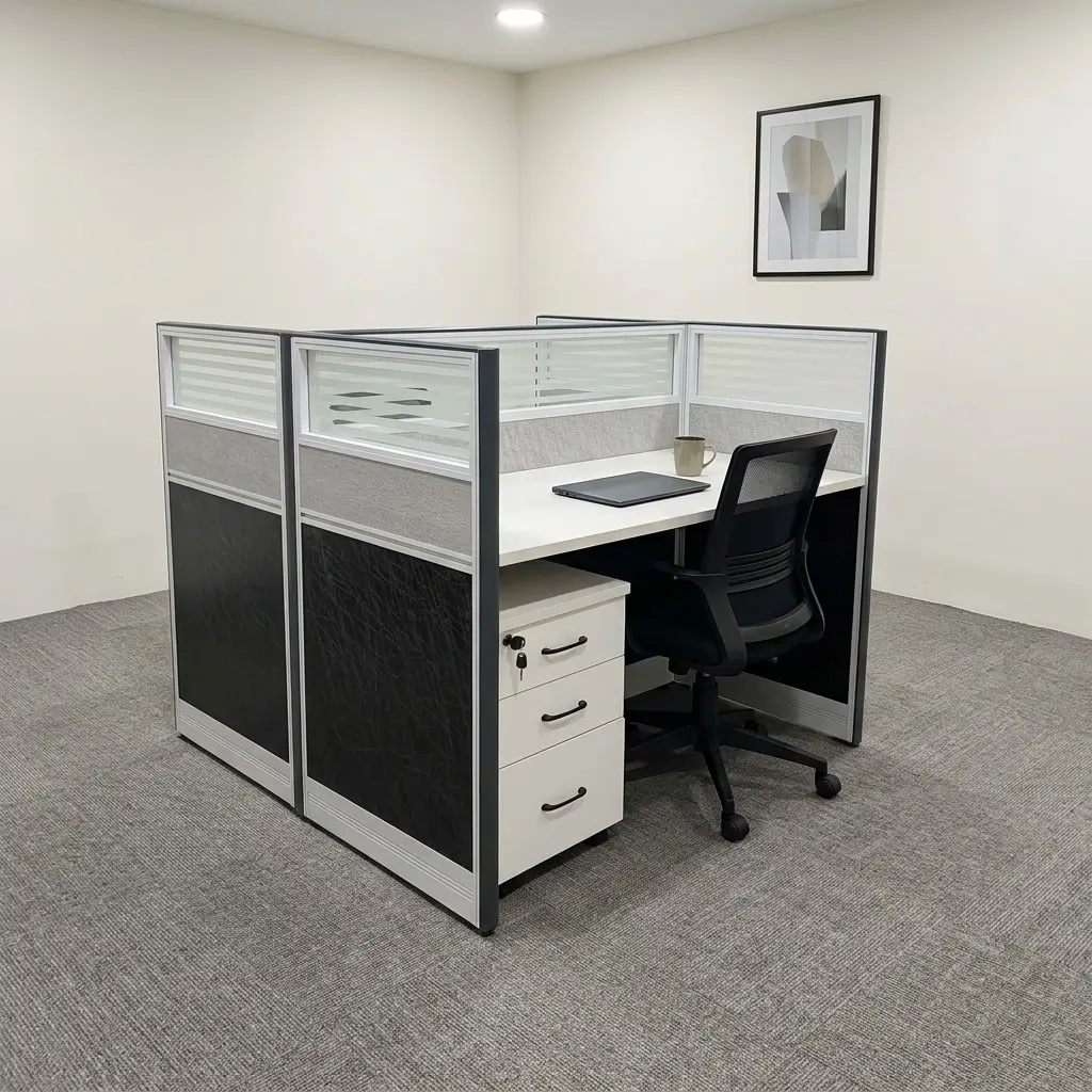Modular 2-way workstation featuring dual white laminate desk surfaces with integrated cable pass-through grommets, tall privacy partition divider panels with frosted glass top sections and dark fabric/wood accent lower panels in an aluminum frame, integrated lockable 3-drawer white mobile pedestals, and a floor-standing aluminum frame panel support system.