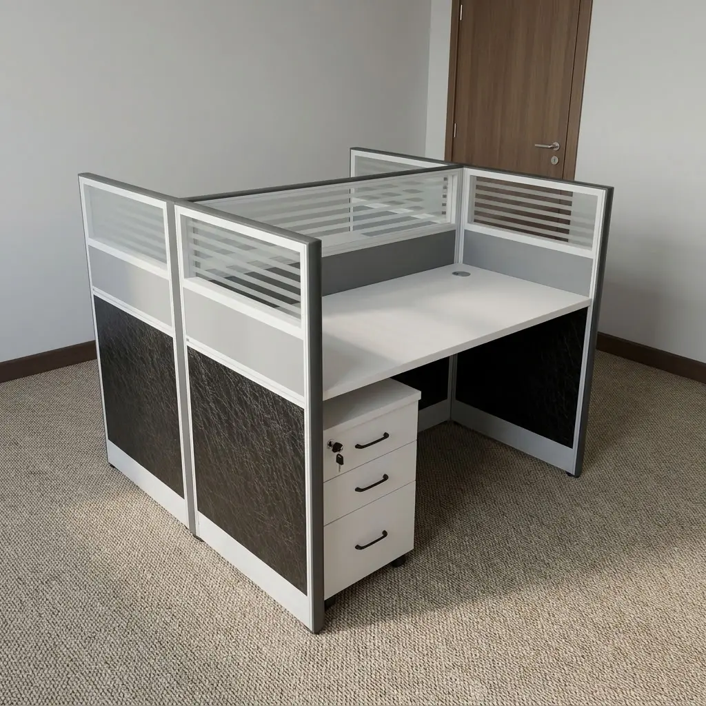 Modular 2-way workstation featuring dual white laminate desk surfaces with integrated cable pass-through grommets, tall privacy partition divider panels with frosted glass top sections and dark fabric/wood accent lower panels in an aluminum frame, integrated lockable 3-drawer white mobile pedestals, and a floor-standing aluminum frame panel support system.