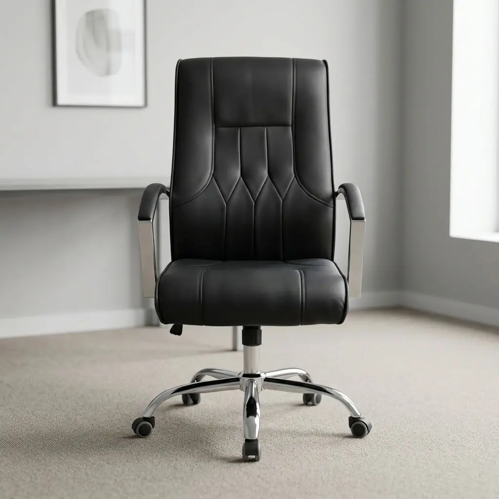 Ergonomic leather swivel office seat featuring a high-back black faux leather backrest with vertical diamond-stitched detail and a padded seat cushion, curved metallic loop armrests with black arm pads, pneumatic height adjustment and tilt-tension control levers, and a polished chrome five-star swivel base with smooth-rolling dual-wheel casters.