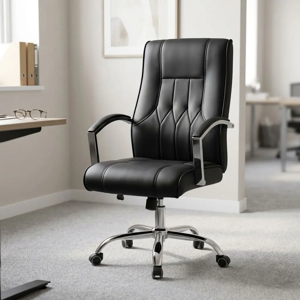 Ergonomic leather swivel office seat featuring a high-back black faux leather backrest with vertical diamond-stitched detail and a padded seat cushion, curved metallic loop armrests with black arm pads, pneumatic height adjustment and tilt-tension control levers, and a polished chrome five-star swivel base with smooth-rolling dual-wheel casters.