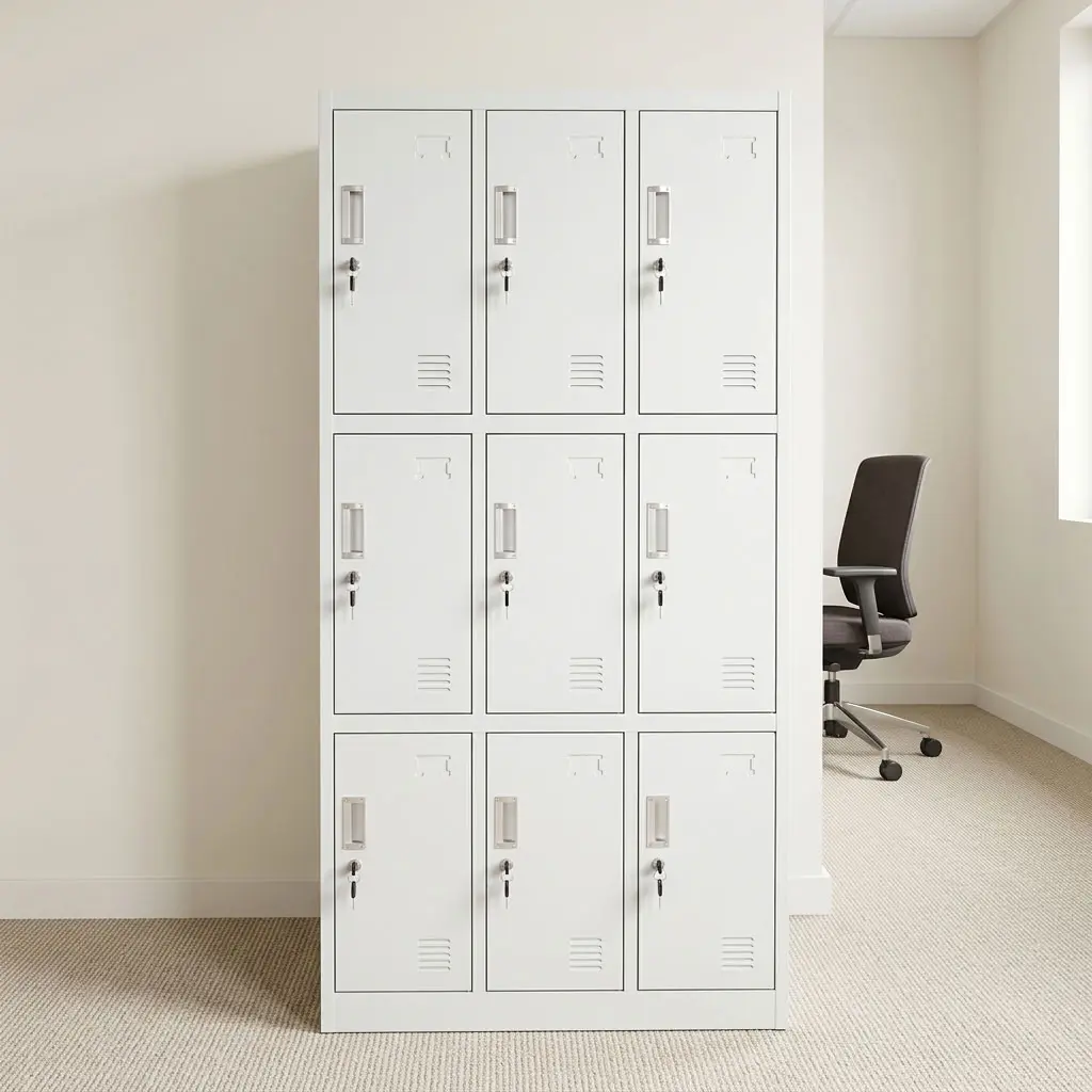 9-locker steel office cabinet featuring a light off-white powder-coated steel finish, nine individual locking compartment doors arranged in a 3x3 grid, recessed vertical pull handles with key locks, label card holders, and louvred ventilation slots on each door, supported by a heavy-duty floor-standing plinth base.