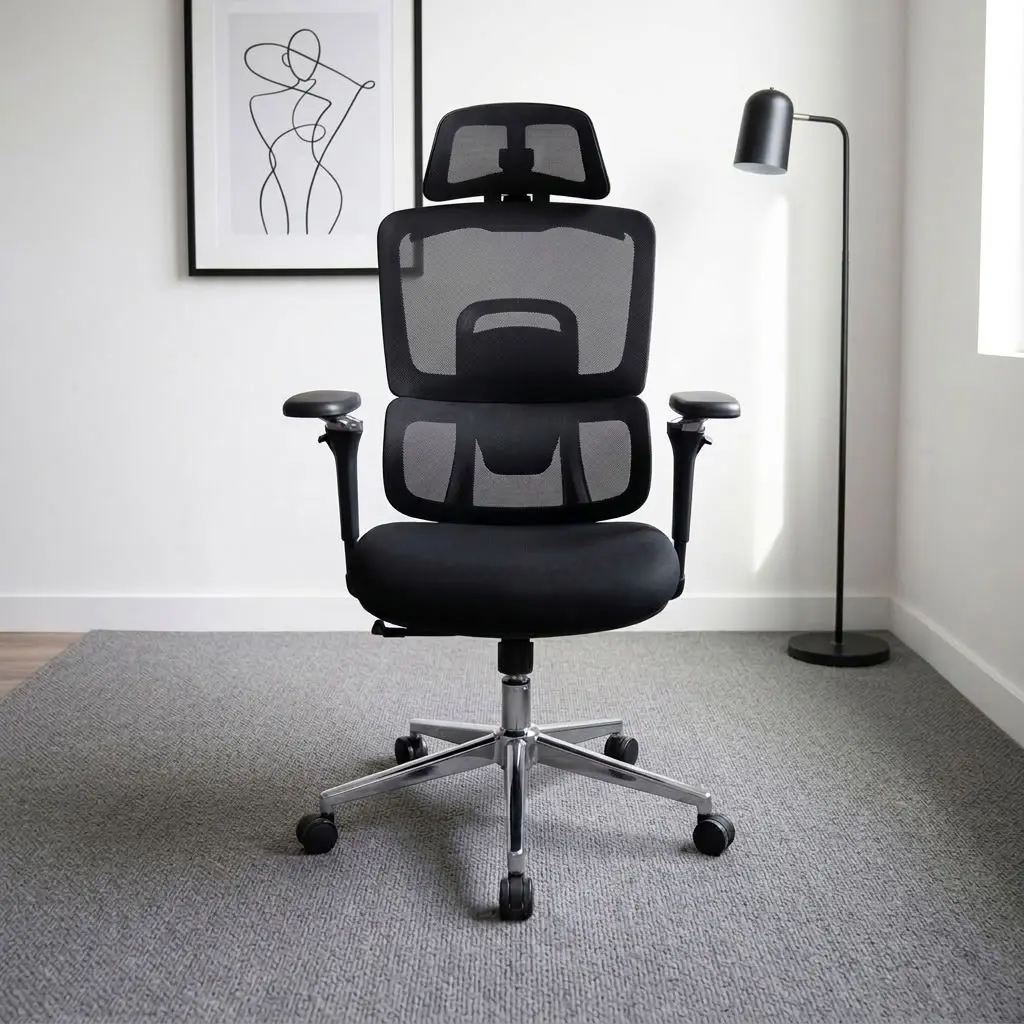 Executive orthopedic mesh office seat featuring an adjustable mesh headrest, a split-back breathable black mesh backrest with integrated lumbar support, and a contoured black fabric padded seat, 3D adjustable armrests with padded arm caps, pneumatic height adjustment and tilt-lock mechanisms, and a polished chrome five-star swivel base with dual-wheel casters.